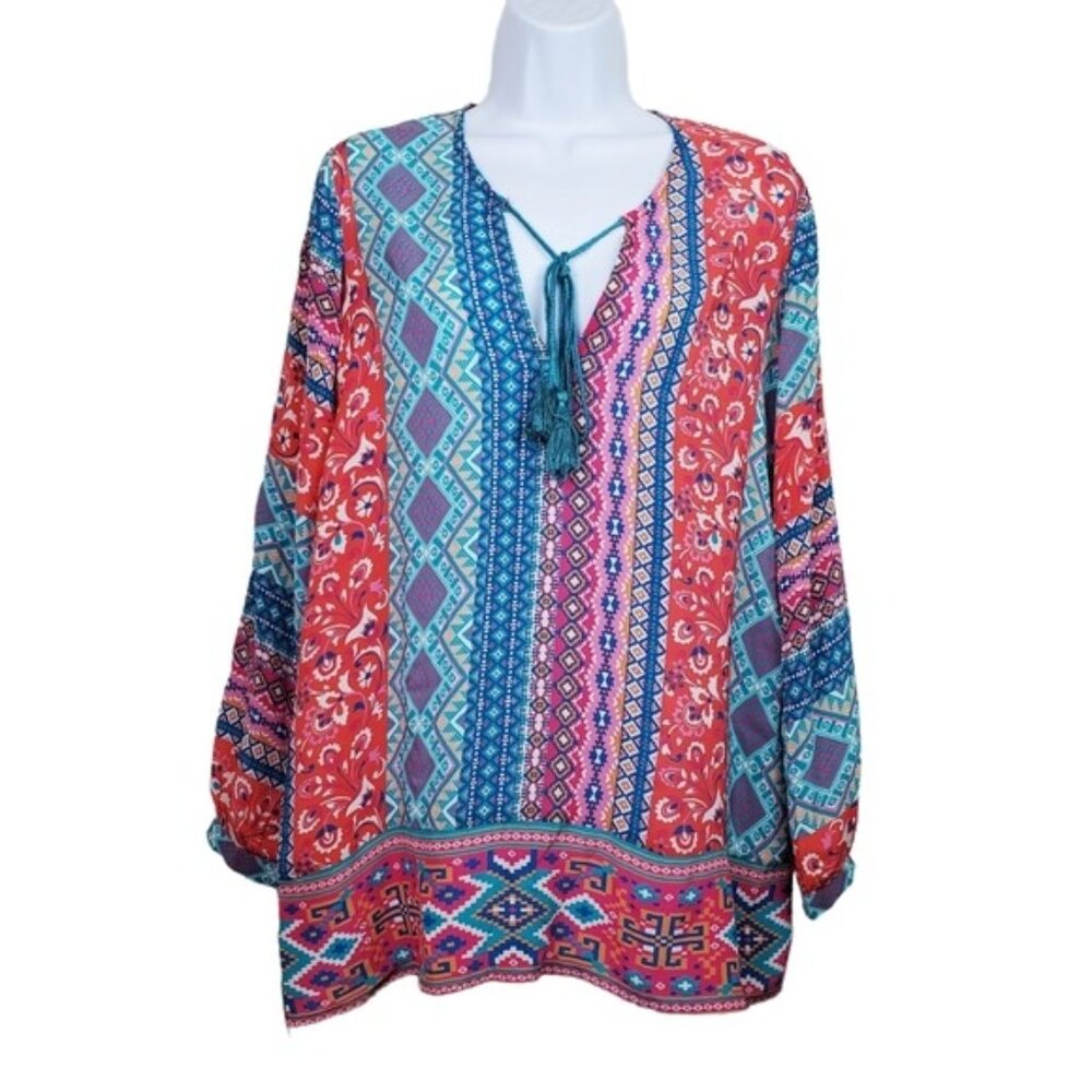 Tolani Womens Long Sleeve Multicolor Tassel Tie Silk Tunic Top Size XS